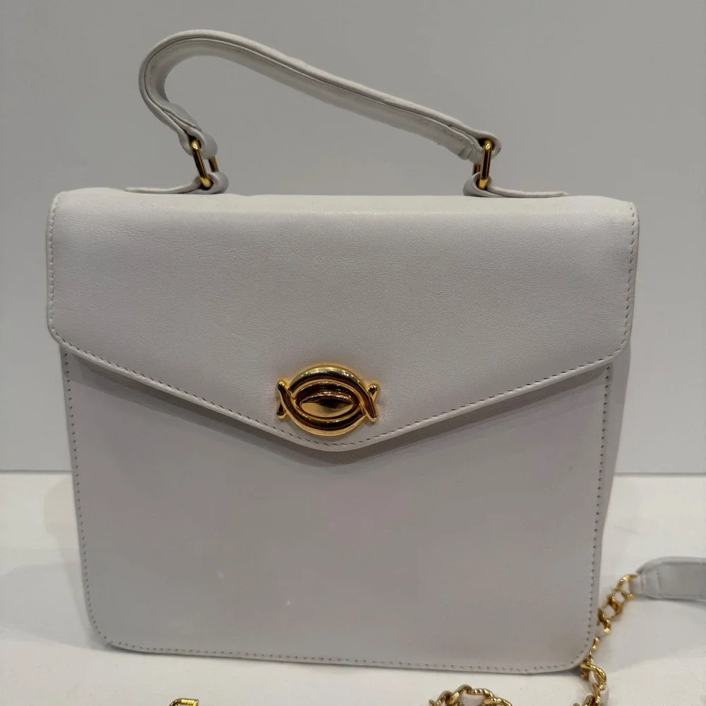 White Leather Top Handle Shoulder Bag Chain Strap Gold Hardware
